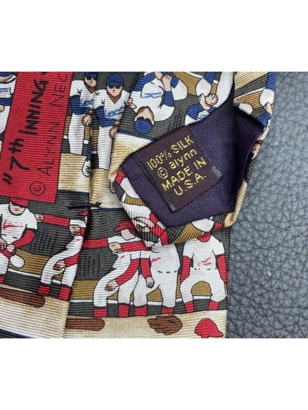 100% Silk Alynn Neckwear Mens Tie Made In USA Blue Red Baseball Bull Pen